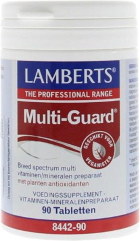 Witte pot met rode en blauwe opdruk. Lamberts Multi-Guard, 90 tabletten. Geschikt voor vegetariërs.