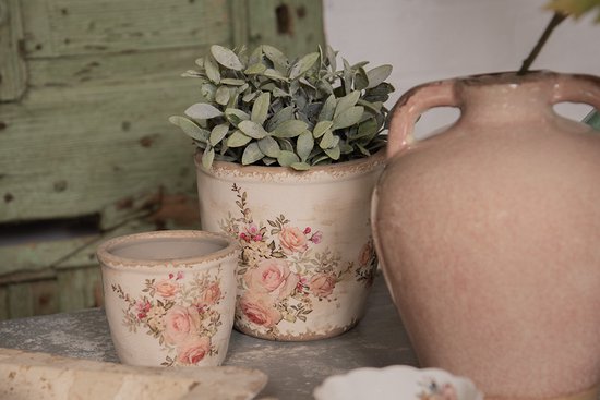Clayre & Eef Pot De Fleurs D'Intérieur En Céramique - Diamètre 18 X 16 Cm - Rose Et Beige