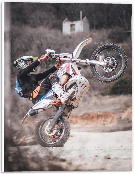 PVC Schuimplaat- Man Stuntend op Motor op Motorcross Parcour - 30x40 cm Foto op PVC Schuimplaat