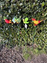 Kunststof ''tropische vogels, groene slak en uil" op metalen stekers - Set van 4 stuks - Multi-colour - hoogte 55x10x13cm - Tuindecoratie - Tuinstekers - Tuinaccessoires