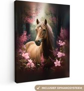 Canvas Schilderij Paard - Bloemen - Roze - Natuur - Bos - 30x40 cm - Wanddecoratie