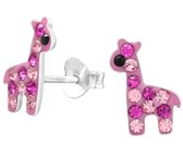 Joy|S - Zilveren giraf oorbellen - 8 x 11 mm - roze - giraffe oorknoppen - kinderoorbellen