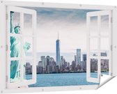 Gards Tuinposter Doorkijk Vrijheidsbeeld in New York - 150x100 cm - Tuindoek - Tuindecoratie - Wanddecoratie buiten - Tuinschilderij