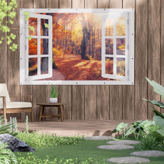 Affiche de jardin Gards transparente Forêt d'automne Oranje avec soleil - 180x120 cm - Toile de jardin - Décoration de jardin - Décoration murale extérieur - Tableau de jardin