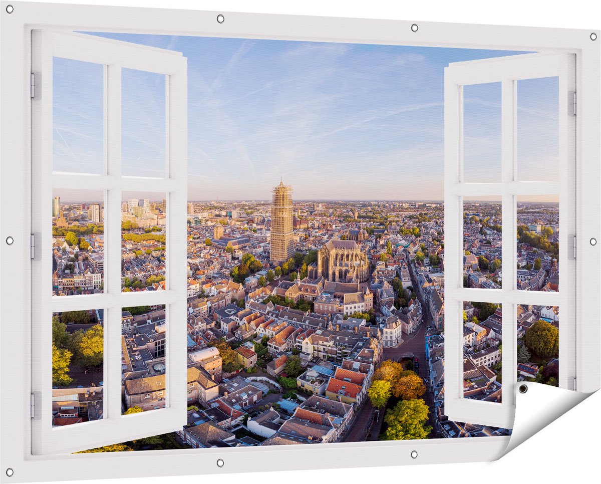 Gards Tuinposter Doorkijk Utrecht vanuit de Lucht - 150x100 cm - Tuindoek - Tuindecoratie - Wanddecoratie buiten - Tuinschilderij wit