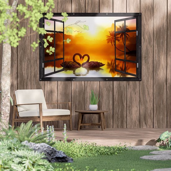 Gars Poster Jardin Transparent Deux Cygnes Noirs en Forme de Coeur - 150x100 cm - Toile jardin - Décoration de jardin - Décoration murale extérieur - Tableau jardin
