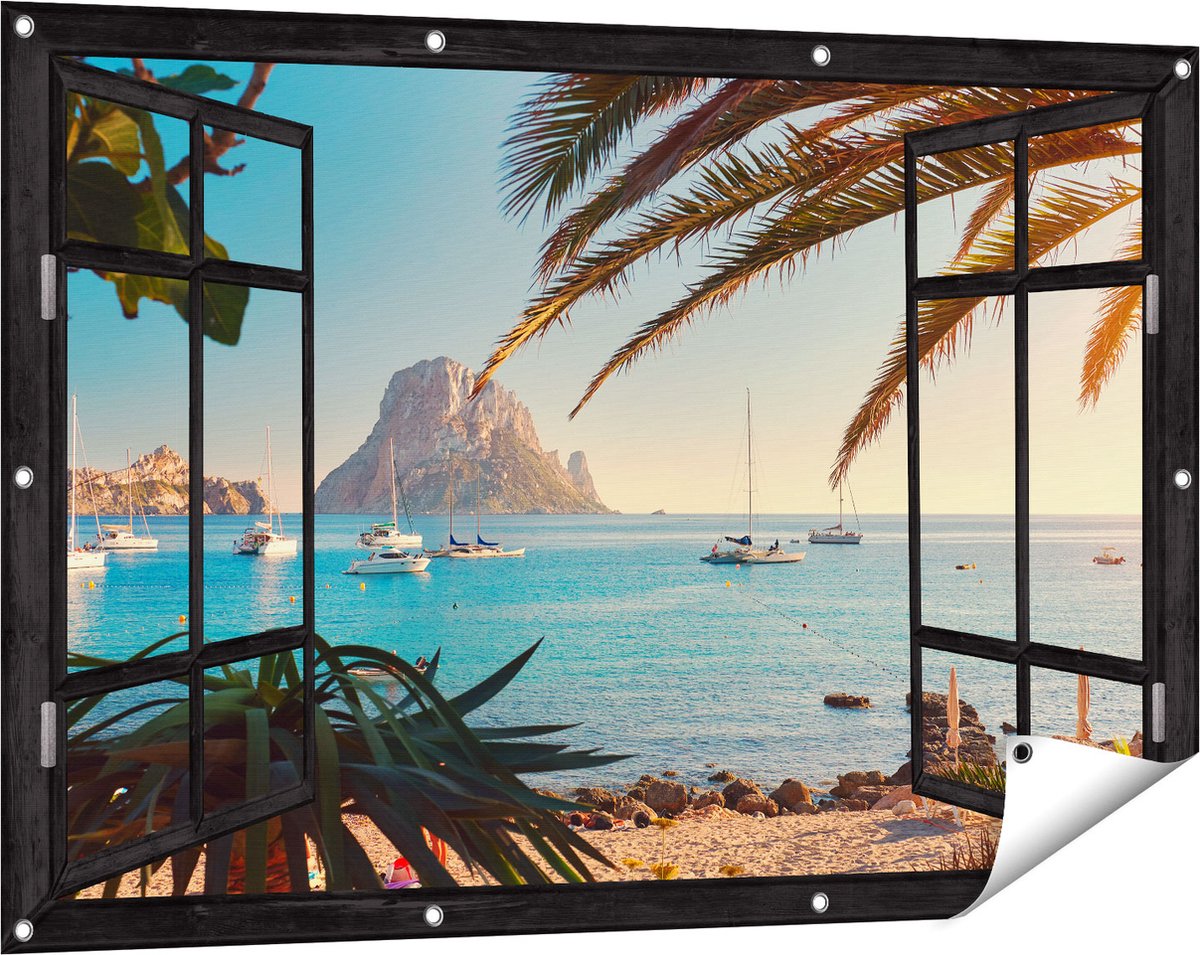Gards Tuinposter Doorkijk Ibiza Cala d'Hort Strand - 120x80 cm - Tuindoek - Tuindecoratie - Wanddecoratie buiten - Tuinschilderij Zwart