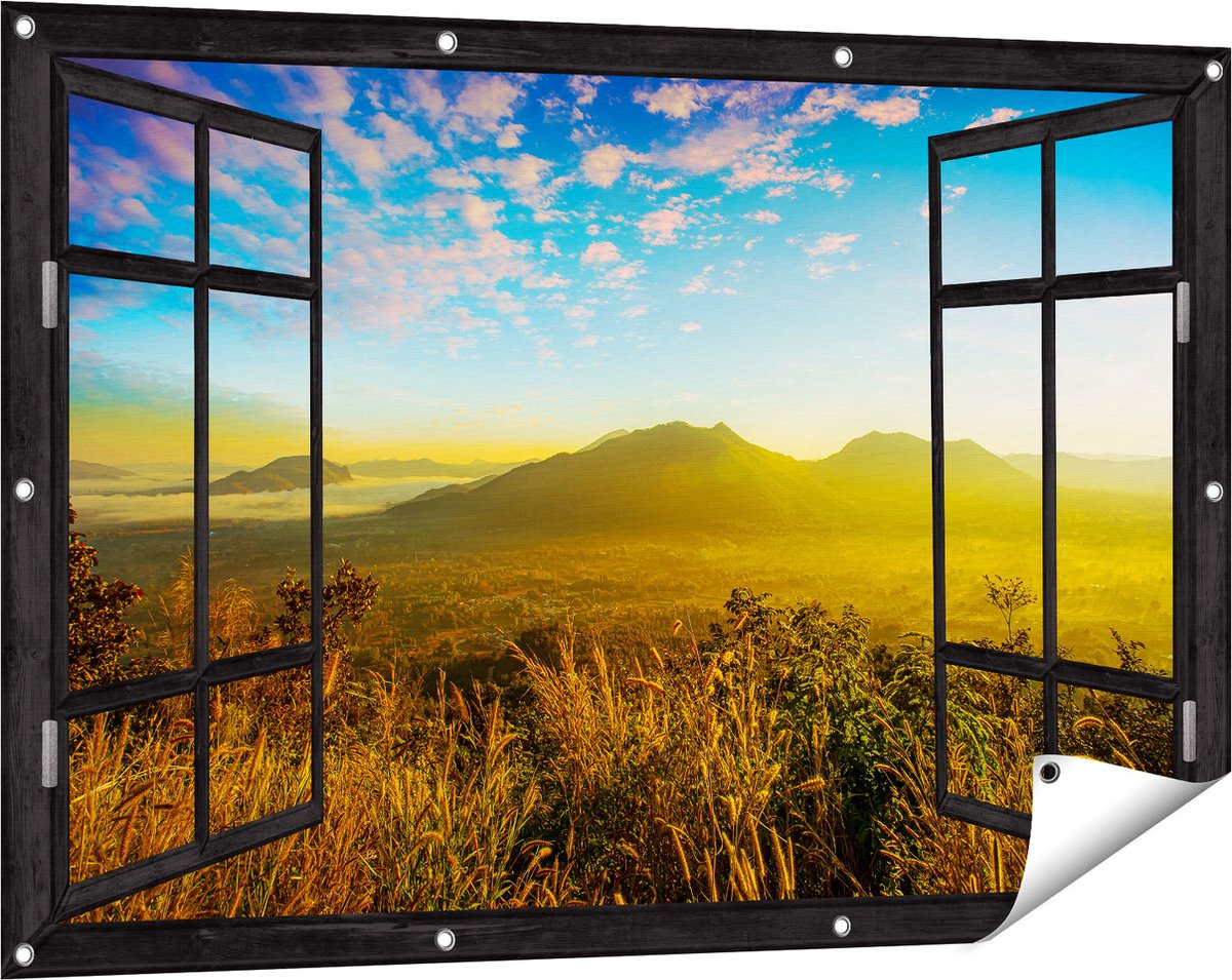 Gards Tuinposter Doorkijk Bergen met Mist in Thailand - 120x80 cm - Tuindoek - Tuindecoratie - Wanddecoratie buiten - Tuinschilderij Zwart