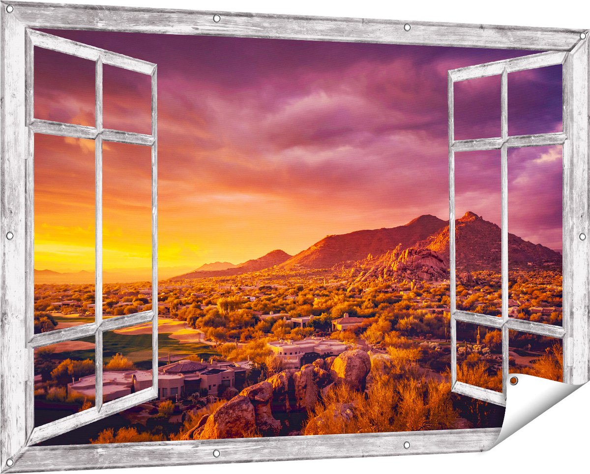 Gards Tuinposter Doorkijk Woestijn Landschap met Zonsondergang - 150x100 cm - Tuindoek - Tuindecoratie - Wanddecoratie buiten - Tuinschilderij grijs
