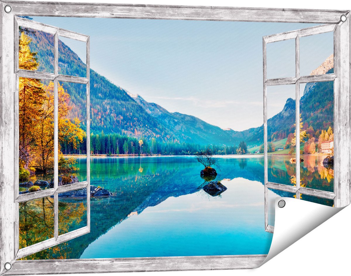 Gards Tuinposter Doorkijk Meer met Herfstbomen - 90x60 cm - Tuindoek - Tuindecoratie - Wanddecoratie buiten - Tuinschilderij Grijs