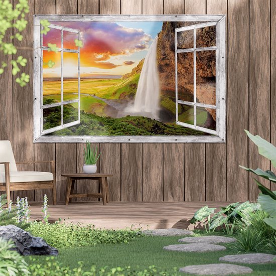 Gards Tuinposter Doorkijk Waterval in IJsland met Zonsondergang - 180x120 cm - Tuindoek - Tuindecoratie - Wanddecoratie buiten - Tuinschilderij