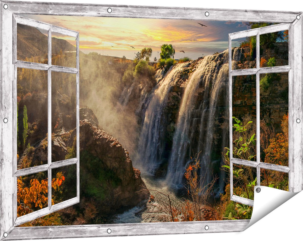 Gards Tuinposter Doorkijk Watervallen vanaf de Kliffen - 120x80 cm - Tuindoek - Tuindecoratie - Wanddecoratie buiten - Tuinschilderij Grijs