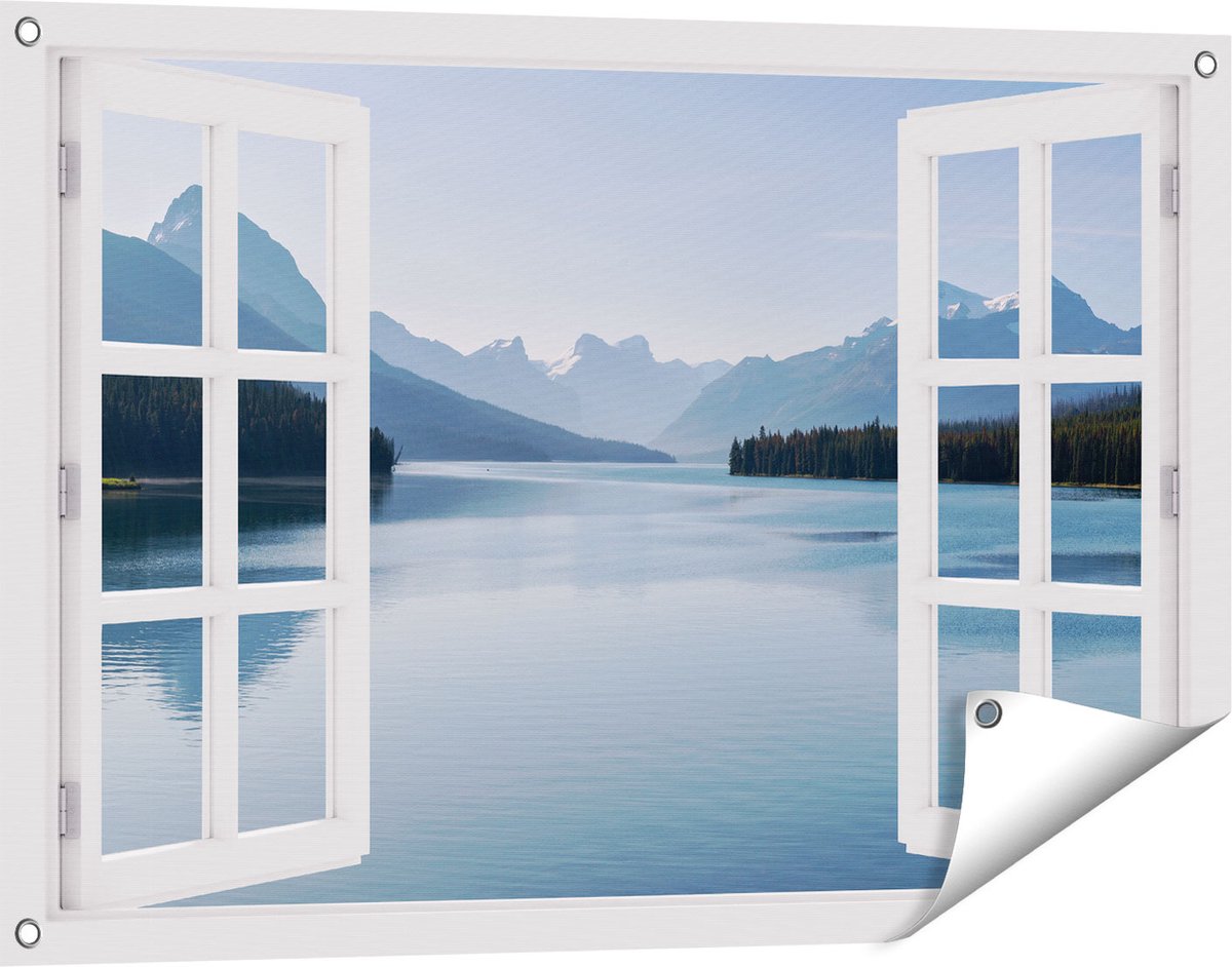 Gards Tuinposter Doorkijk Meer bij de Bergen in Alberta, Canada - 90x60 cm - Tuindoek - Tuindecoratie - Wanddecoratie buiten - Tuinschilderij wit