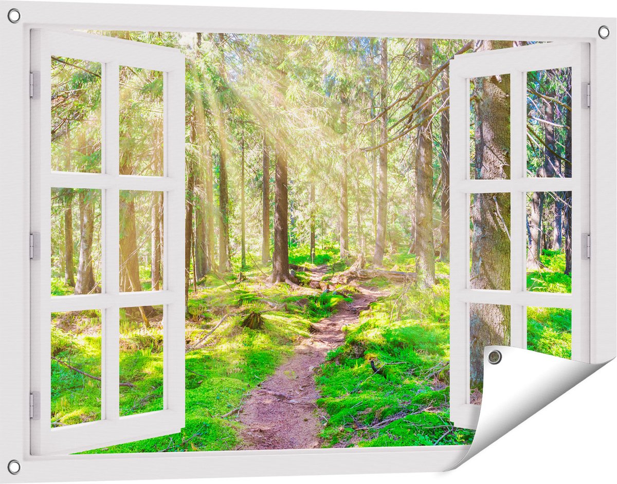 Gards Tuinposter Doorkijk Pad in Bos met Zon tussen de Bomen - 90x60 cm - Tuindoek - Tuindecoratie - Wanddecoratie buiten - Tuinschilderij wit