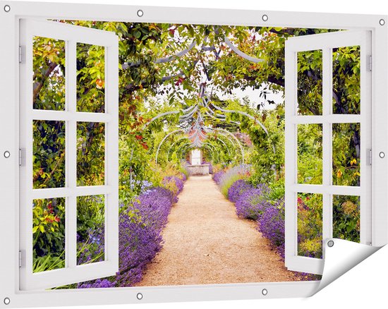 Gards Tuinposter Doorkijk Lavendel Pad - 120x80 cm - Tuindoek - Tuindecoratie - Wanddecoratie buiten - Tuinschilderij