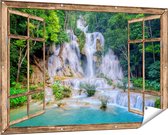 Gards Tuinposter Doorkijk Waterval in het Tropische Natuur - 150x100 cm - Tuindoek - Tuindecoratie - Wanddecoratie buiten - Tuinschilderij