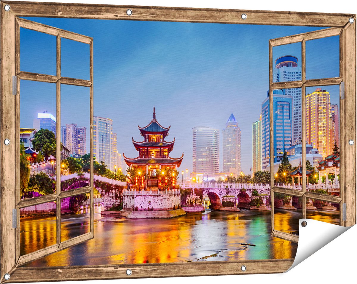 Gards Tuinposter Doorkijk Rivier bij Stad Guiyang in China - 120x80 cm - Tuindoek - Tuindecoratie - Wanddecoratie buiten - Tuinschilderij Licht bruin