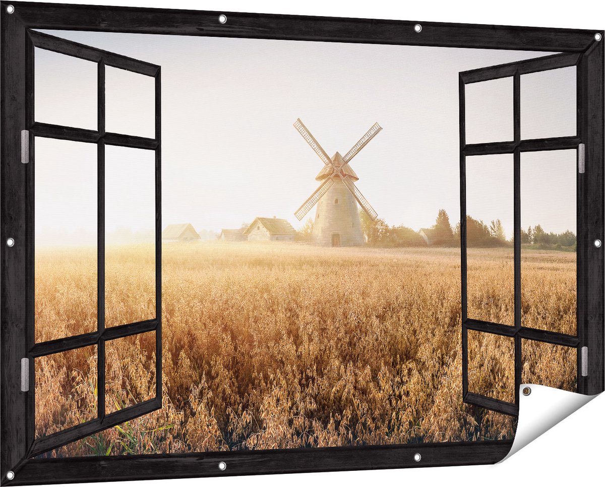 Gards Tuinposter Doorkijk Windmolen in het Veld - 150x100 cm - Tuindoek - Tuindecoratie - Wanddecoratie buiten - Tuinschilderij Zwart