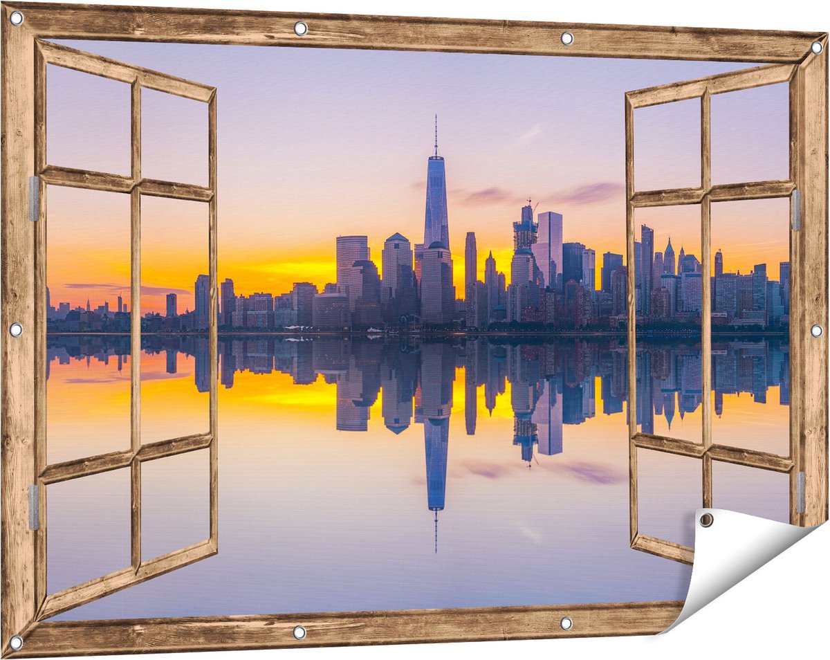 Gards Tuinposter Doorkijk New York Skyline bij Zonsopgang - 120x80 cm - Tuindoek - Tuindecoratie - Wanddecoratie buiten - Tuinschilderij Licht bruin