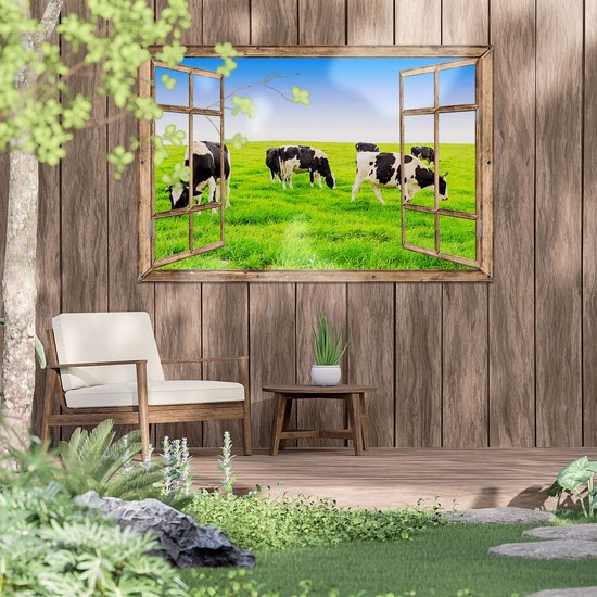 Gards Tuinposter Doorkijk Kudde Koeien in de Wei - Hemel Blauwe Lucht - 150x100 cm - Tuindoek - Tuindecoratie - Wanddecoratie buiten - Tuinschilderij