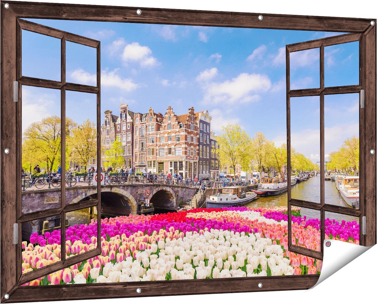Gards Tuinposter Doorkijk Amsterdamse Huisjes aan de Grachten - 150x100 cm - Tuindoek - Tuindecoratie - Wanddecoratie buiten - Tuinschilderij Donker bruin