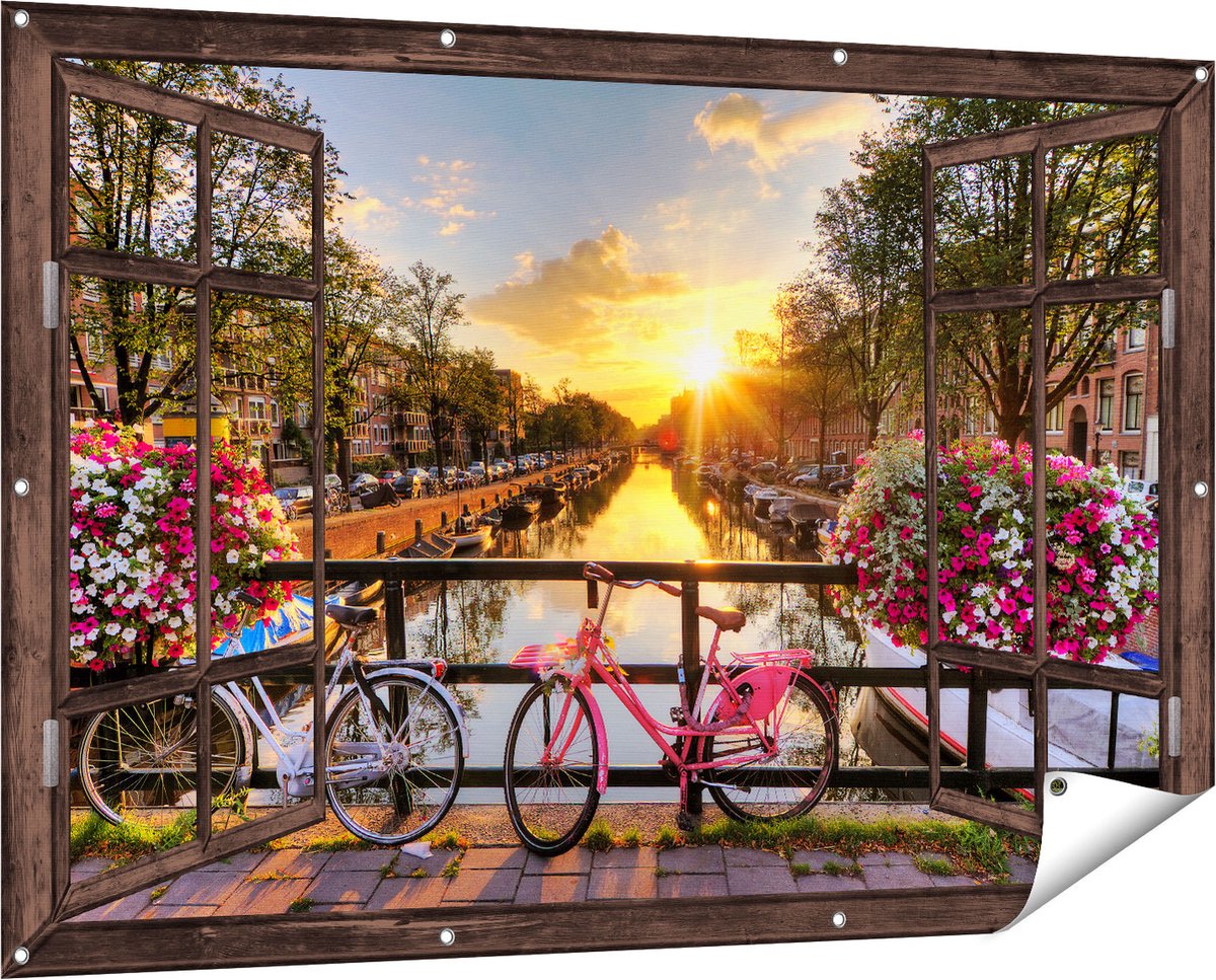 Gards Tuinposter Doorkijk Amsterdamse Brug met Zonsopgang - 150x100 cm - Tuindoek - Tuindecoratie - Wanddecoratie buiten - Tuinschilderij Donker bruin