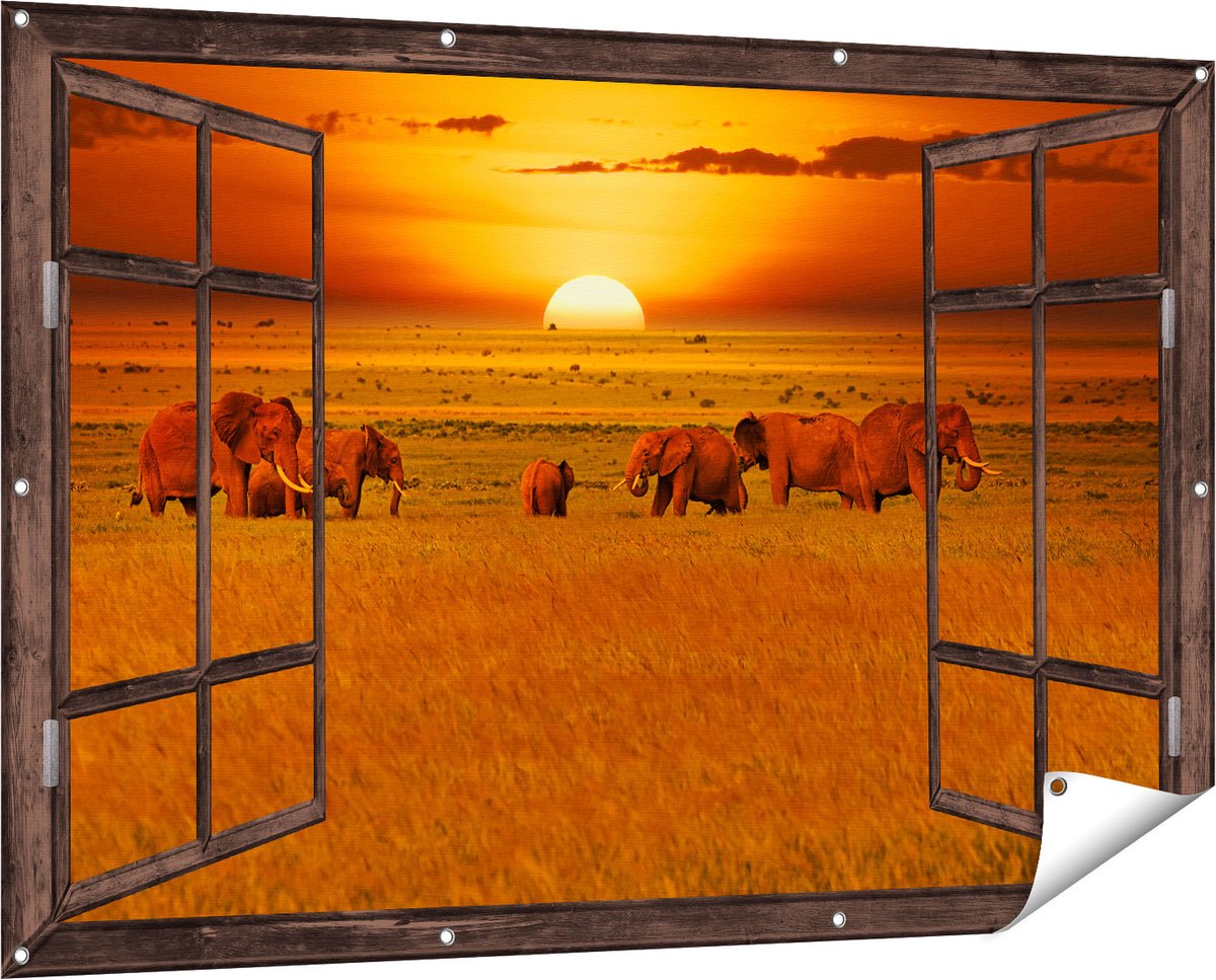 Gards Tuinposter Doorkijk Olifanten in het Wild - Zonsondergang - 150x100 cm - Tuindoek - Tuindecoratie - Wanddecoratie buiten - Tuinschilderij donker bruin