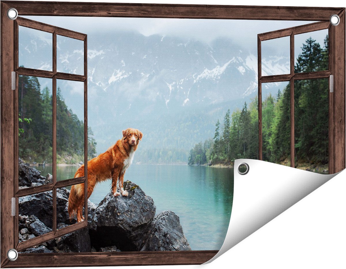 Gards Tuinposter Doorkijk Retriever Hond bij het Water in de Bergen - 60x40 cm - Tuindoek - Tuindecoratie - Wanddecoratie buiten - Tuinschilderij Donker bruin