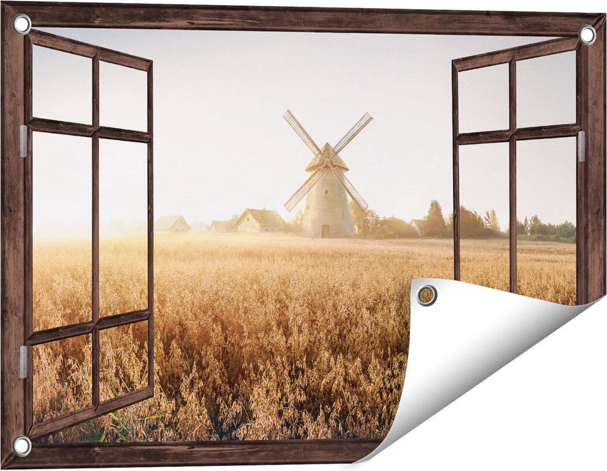 Gards Tuinposter Doorkijk Windmolen in het Veld - 60x40 cm - Tuindoek - Tuindecoratie - Wanddecoratie buiten - Tuinschilderij Donker bruin