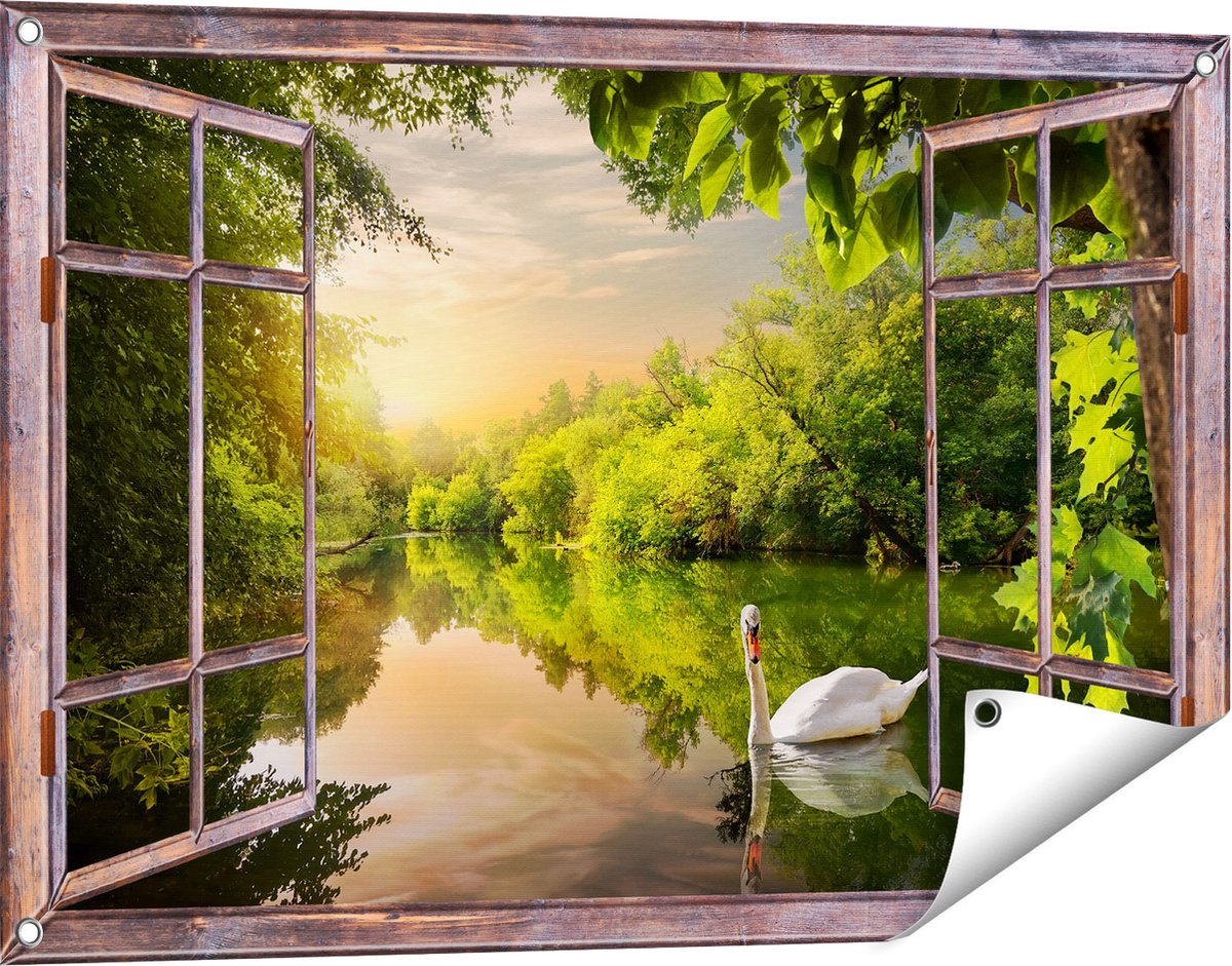 Gards Tuinposter Doorkijk Zwaan op het Water in het Bos - 90x60 cm - Tuindoek - Tuindecoratie - Wanddecoratie buiten - Tuinschilderij Bruin