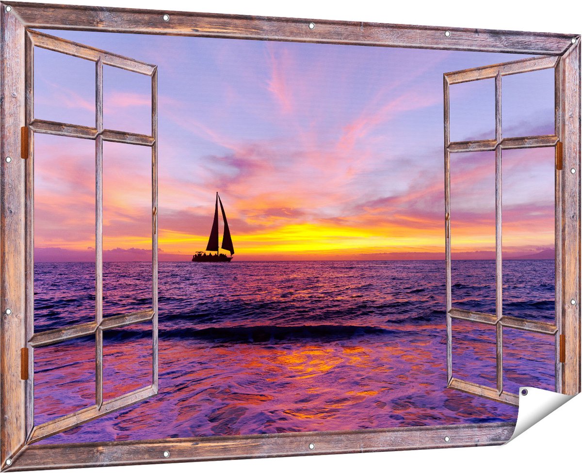 Gards Tuinposter Doorkijk Zeilboot Silhouet bij Zonsondergang - 180x120 cm - Tuindoek - Tuindecoratie - Wanddecoratie buiten - Tuinschilderij Multikleur