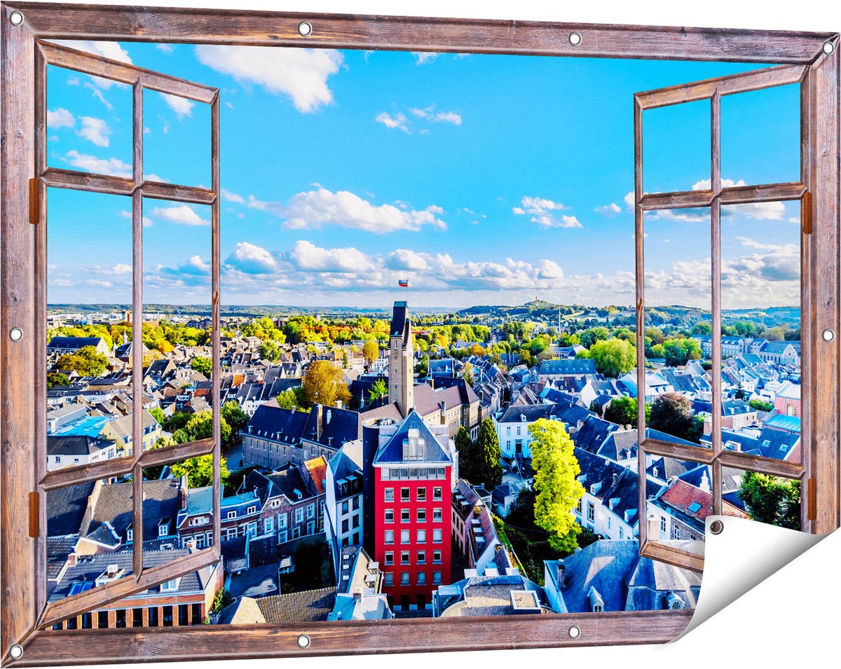 Gards Tuinposter Doorkijk Maastricht Stad met Huizen - 120x80 cm - Tuindoek - Tuindecoratie - Wanddecoratie buiten - Tuinschilderij Bruin