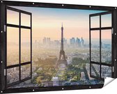 Affiche de jardin du Gards Vue à travers les Skyline de Paris avec la Tour Eiffel - 180x120 cm - Toile de jardin - Décoration de jardin - Décoration murale extérieure - Tableau de jardin