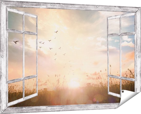 Gards Tuinposter Doorkijk Silhouet Vogels tijdens Zonsopkomst - 150x100 cm - Tuindoek - Tuindecoratie - Wanddecoratie buiten - Tuinschilderij