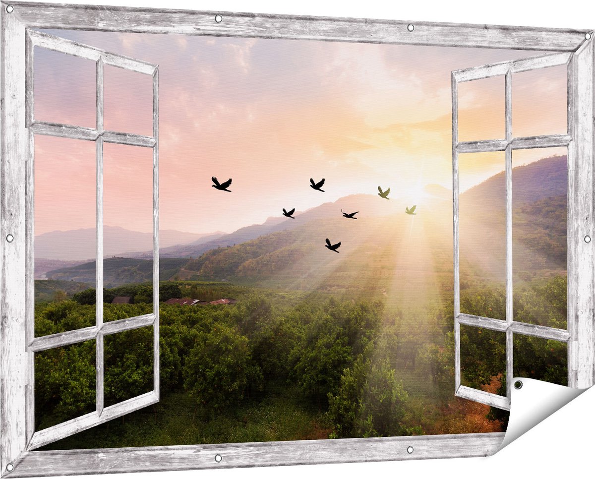 Gards Tuinposter Doorkijk Silhouet Zwerm Vogels bij Zonsondergang - 150x100 cm - Tuindoek - Tuindecoratie - Wanddecoratie buiten - Tuinschilderij grijs