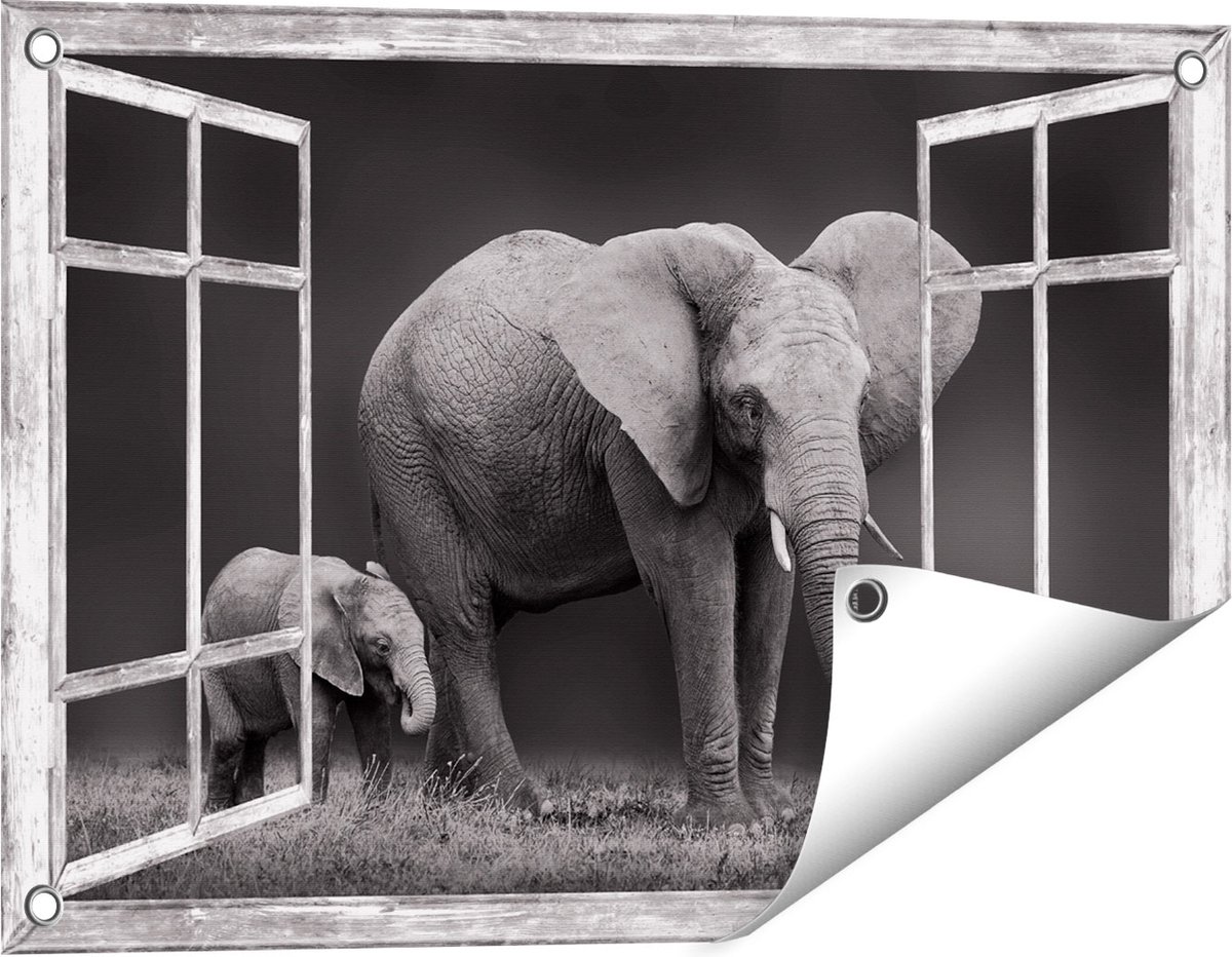Gards Tuinposter Doorkijk Olifant Moeder en Zoon - Zwart Wit - 60x40 cm - Tuindoek - Tuindecoratie - Wanddecoratie buiten - Tuinschilderij Grijs