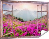 Gards Tuinposter Doorkijk Rhododendron Bloemenveld in de Alpen - 120x80 cm - Tuindoek - Tuindecoratie - Wanddecoratie buiten - Tuinschilderij