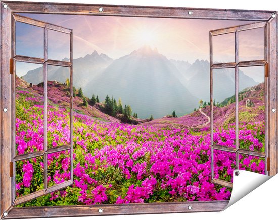 Gars Affiche jardin Rhododendron transparent Champ de fleurs dans les Alpes - 120x80 cm - Toile jardin - Décoration de jardin - Décoration murale extérieur - Tableau jardin