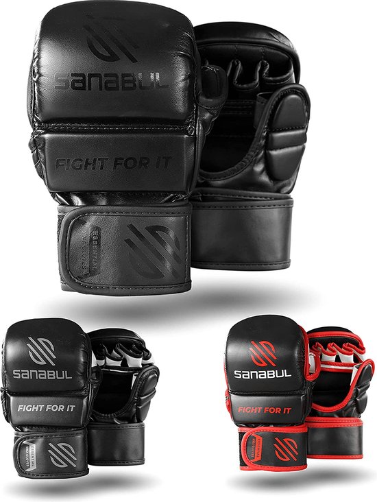 Collage van zwarte en rood-zwarte Sanabul MMA-handschoenen.