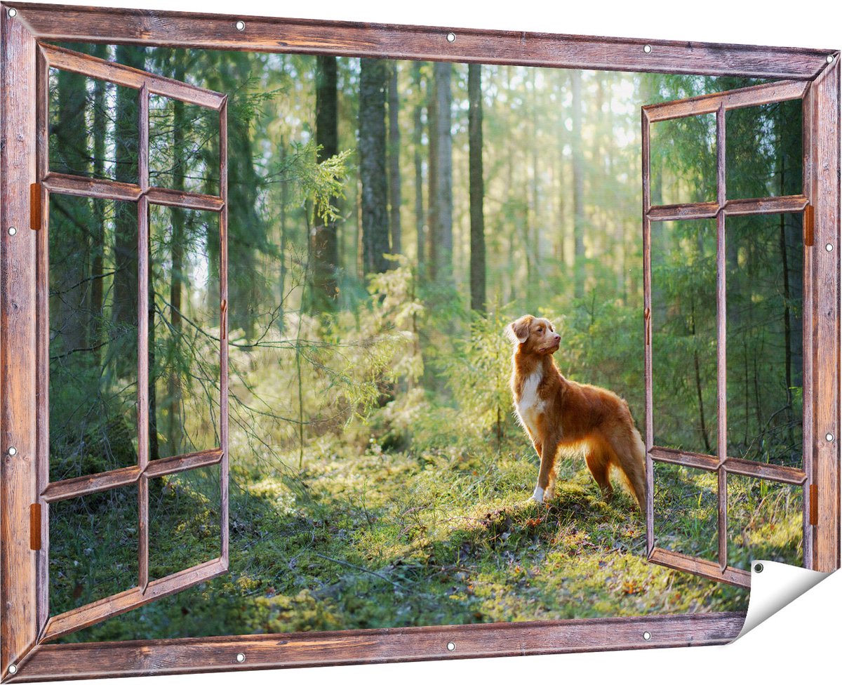 Gards Tuinposter Doorkijk Retriever Hond in het Bos met Zon - 180x120 cm - Tuindoek - Tuindecoratie - Wanddecoratie buiten - Tuinschilderij Multikleur