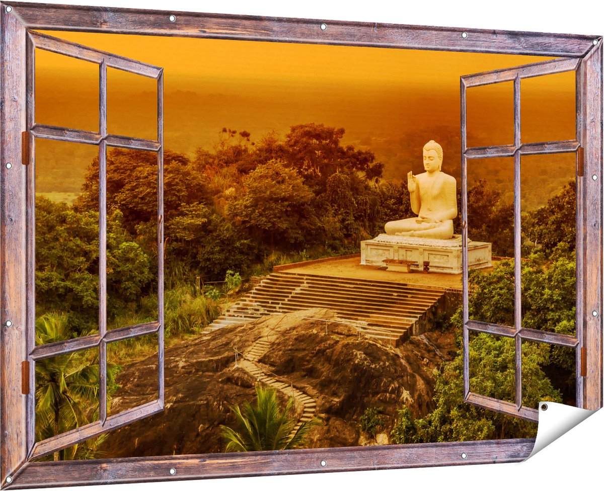 Gards Tuinposter Doorkijk Boeddha Beeld bij een Tempel in het Bos - 180x120 cm - Tuindoek - Tuindecoratie - Wanddecoratie buiten - Tuinschilderij Multikleur