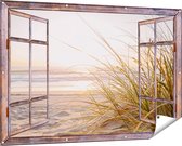 Gards Tuinposter Doorkijk Strand en Duinen tijdens Zonsondergang - 150x100 cm - Tuindoek - Tuindecoratie - Wanddecoratie buiten - Tuinschilderij