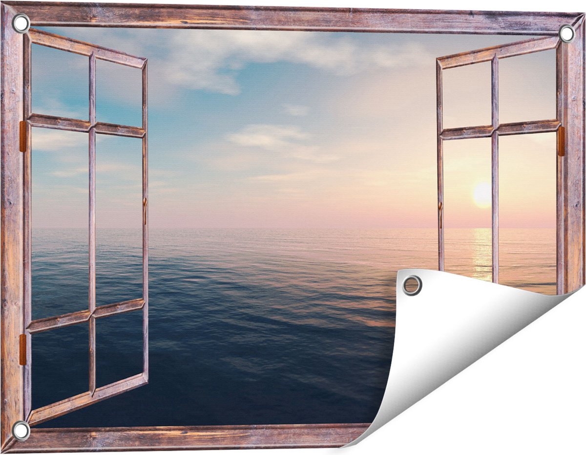 Gards Tuinposter Doorkijk Zee Water tijdens Zonsondergang - 60x40 cm - Tuindoek - Tuindecoratie - Wanddecoratie buiten - Tuinschilderij Bruin