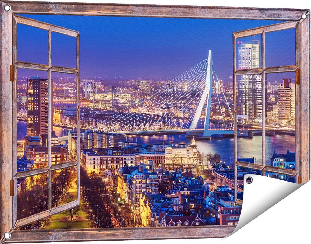 Gards Tuinposter Doorkijk Rotterdamse Skyline met de Erasmusbrug - 90x60 cm - Tuindoek - Tuindecoratie - Wanddecoratie buiten - Tuinschilderij Bruin