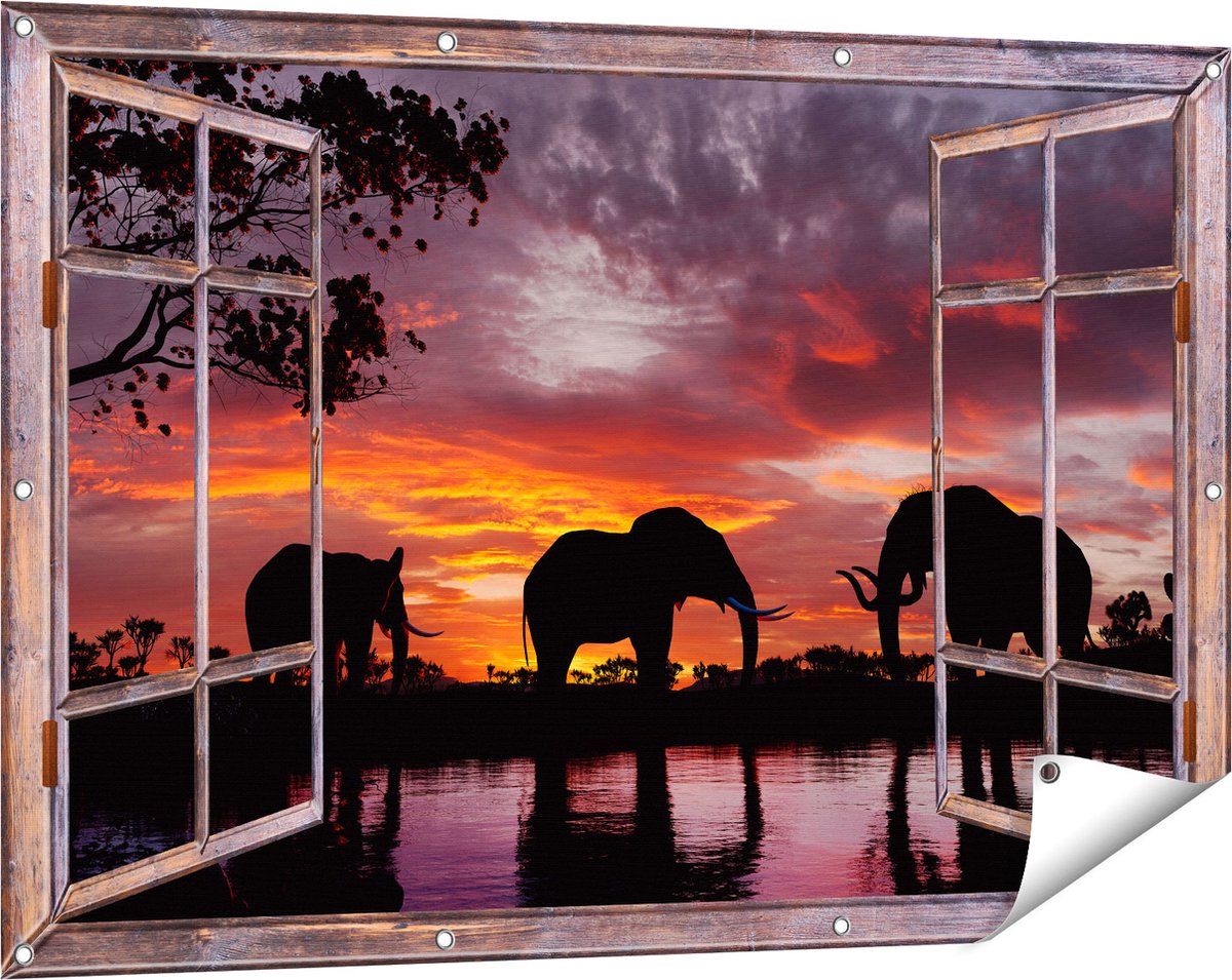 Gards Tuinposter Doorkijk Olifanten tijdens Zonsondergang - Silhouet - 120x80 cm - Tuindoek - Tuindecoratie - Wanddecoratie buiten - Tuinschilderij Bruin