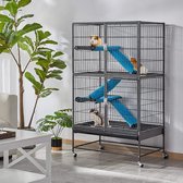 Kooi voor kleine dieren, metalen kooi voor kleine huisdieren, konijnenhok met 4 wielen, kooi met 2 afneembare hellingen en platforms, zwart, HMTM-BC-10029-BLACK