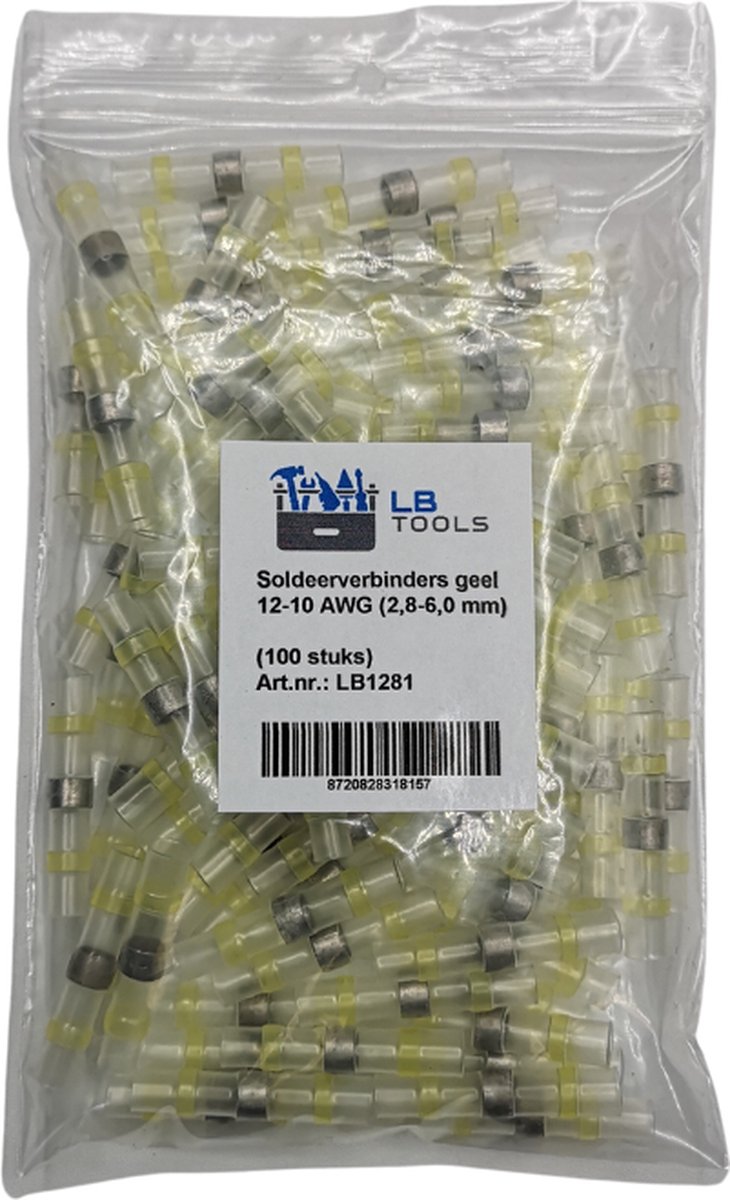 LB Tools 100x Professionele soldeerhulzen, soldeerverbinders waterdicht geel 12-10 AWG (2,8-6,0 mm) krimpkous