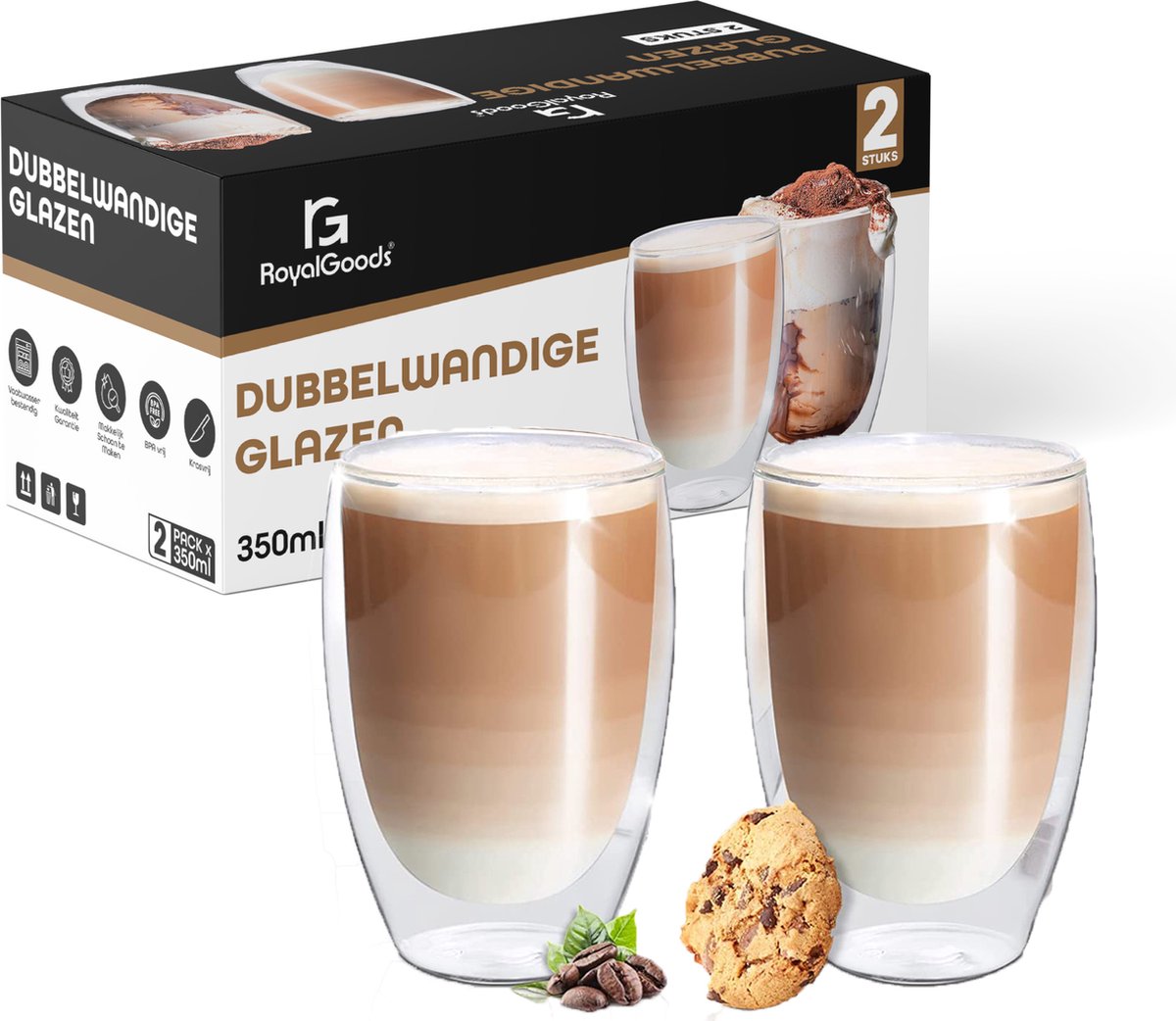 RoyalGoods® Dubbelwandige Glazen – Koffieglazen - Theeglazen – 350ML – 2 Stuks – Cappuccino Glazen - Latte Macchiato Glazen