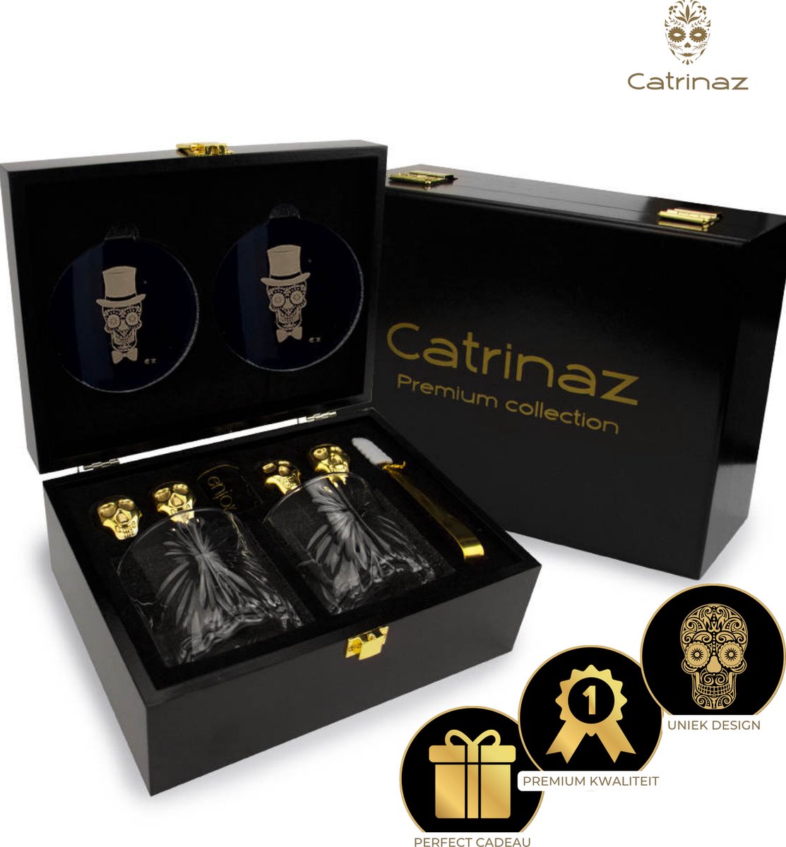 Catrinaz® - Luxe Whiskey set - Skull design- Incl. 2 whiskey glazen 300 ml - 4 goudkleurige RVS whiskey stenen - 2 onderleggers - Fluwelen opbergzak - ijstang - Luxe geschenkdoos - Uniek cadeau - Cadeau man