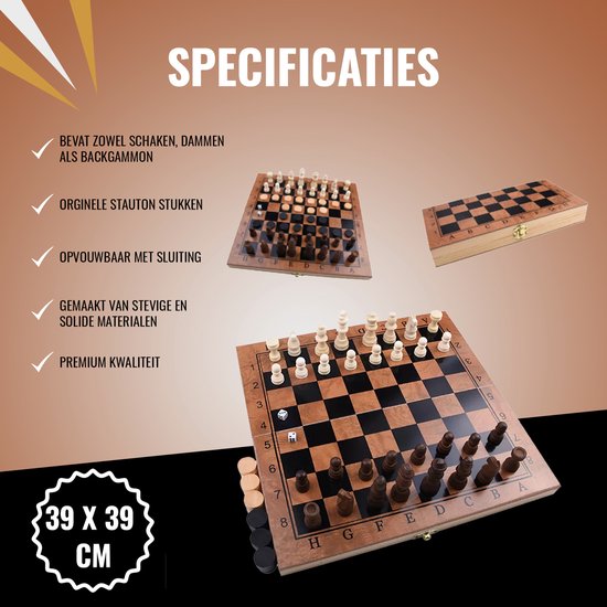 Thumbnail van een extra afbeelding van het spel 3-in-1 Spel - Schaakbord - Dambord - Backgammon - Schaakspel - 39 cm